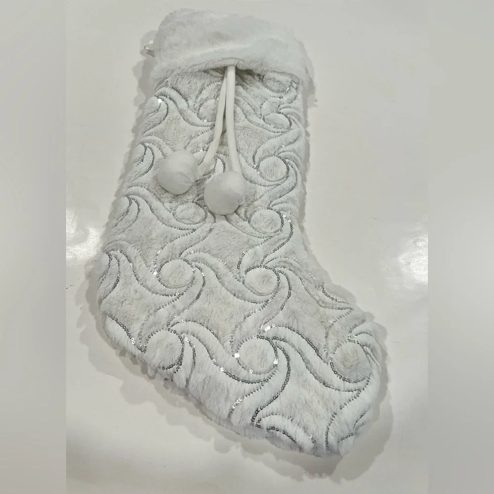 Jeffrey&James Holiday Decor Fluffy White With Silver Sequins Christmas Stocking